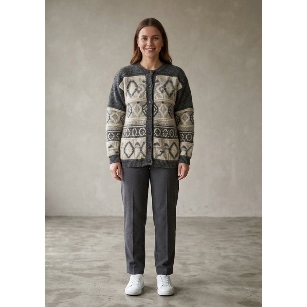 Accordion Cardigan Women L Grey Silk Angora Blend Vintage Intarsia Knit Retro